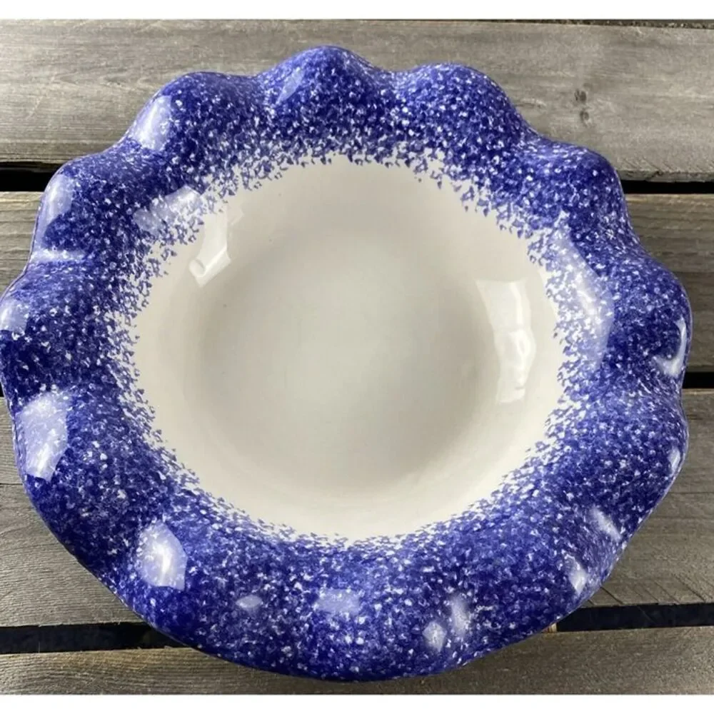 Young's 1996 Blue White Spongeware Stoneware Bowl With Wavy Edge 9.75